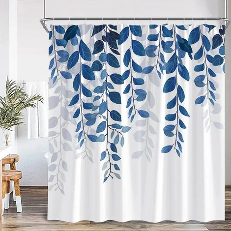 Filiyano-Rideau de douche à motifs de feuilles bleues, aquarelle végétale, feuilles d'eucalyptus, style moderne et épuré, décoration de salle de bain (1/2)