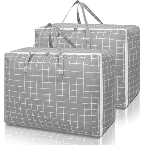 2 Sacs de Rangement 105L Imperméables - 70x50x30 cm, Poignées, pour Vêtements/Couettes/Déménagement (Motif Carreaux Gris) (1/5)
