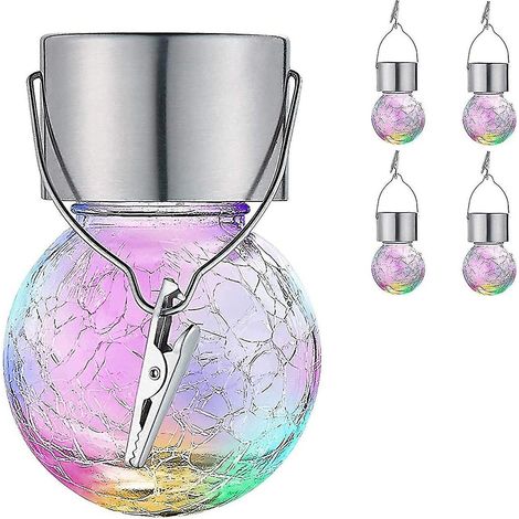 Lot de 4 lampes solaires suspendues d'extérieur, globes lumineux craquelés pour jardin, guirlandes lumineuses pour arbres. (1/5)