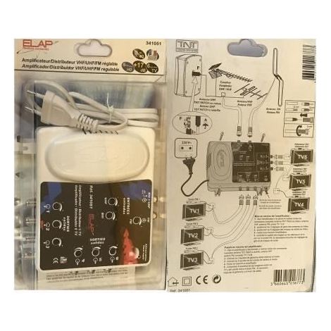 Amplificateur TNT 2 entrées UHF/FM/VHF / 6 sortie REGLABLES REF 341051 ELAP