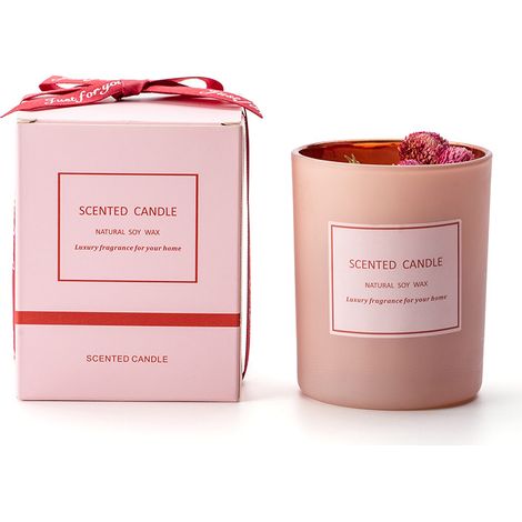 Bougie parfumée rose en cire de soja, ambiance romantique, décoration florale séchée, lot de bougies artisanales pour création d'ambiance apaisante. (1/4)