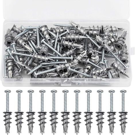 Combinaison de jeu de vis d'expansion en alliage de zinc, 100 Pièces Lot de 50 vis et 50 chevilles - Autoforantes en métal - Pour plaques de plâtre et de staff