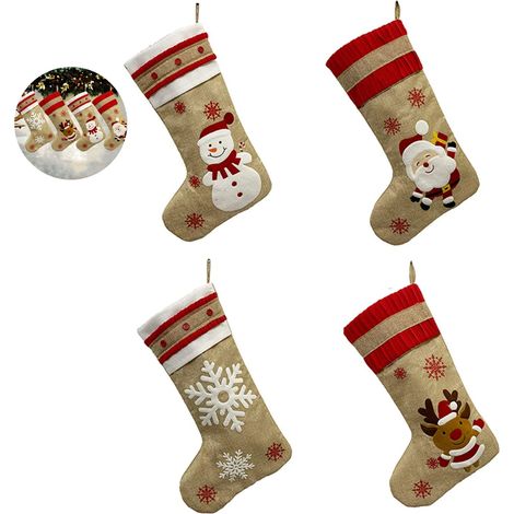 Chaussettes de Noël (lot de 4), grandes chaussettes de Noël en lin à suspendre à la cheminée, décoration intérieure pour les fêtes de fin d'année et le Nouvel An. (1/4)