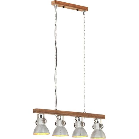 Plafonnier Industriel 4 Abat-jour E27 Bois de Manguier et Fer Argenté Marron 90 x 17 x 25 cm (1/5)