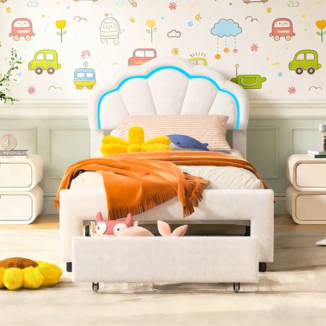 Lit simple rembourré 90x200 cm avec tiroirs, Lit enfant 90x200 cm avec tête de lit de coquillage réglable, LED intégré, Sommier à lattes, Velours, Blanc (1/5)