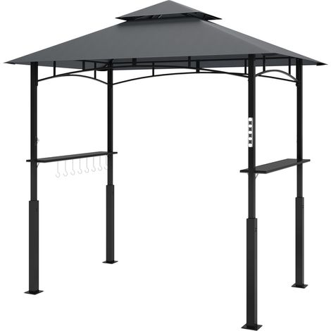 Grillpavillon mit LED 243 x 148 x 248 cm wasserdicht flammhemmend Gartenpavillon mit Doppeldach,Seitenregalen, Gartenlauben mit UV-Schutz, BBQ Pavillon aus Metall Grillzelt für Party BBQ Grau