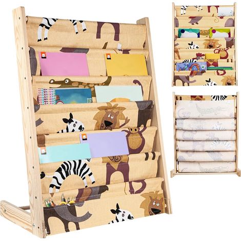 Bibliothèque pour Enfants avec Poche, 7 Niveaux, Bois Naturel, étagère de Rangement pour Livres, Hauteur Parfaite pour Lire, 80 x 60 x 30 cm (Couleur Bois d'origine) (1/5)