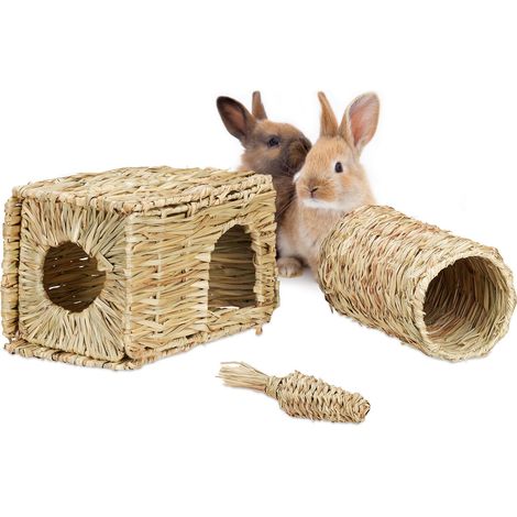 Relaxdays Set Paglia per Conigli, 3 Accessori Tana, Tunnel & Carota Giocattolo da Masticare, Giochi Roditori, Naturale (1/5)