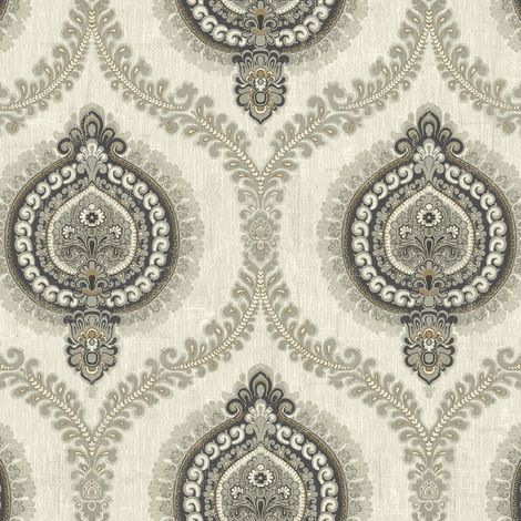 Wallquest Sunhani Black Grey Wallpaper Classic Traditional Acrylic Coated Paper (1/4)