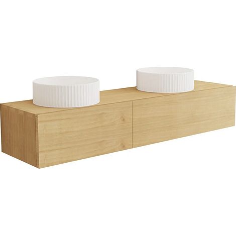 Mobile bagno sospeso in legno di mindi con doppio lavabo da appoggio in ceramica scanalato 150 cm - TIDORE (1/5)