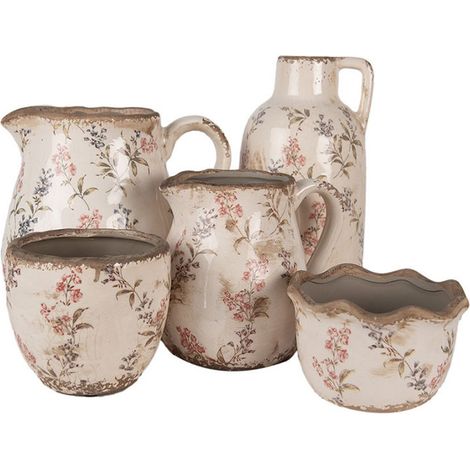 Cache-pot en céramique beige et rose 18x17cm – Motifs floraux délicats – Finition vintage pour décoration intérieure – La Grande Prairie (1/3)