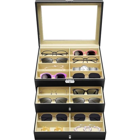 MINRS 34 x 25 x 19 cm - Boîte de rangement pour 24 lunettes - Avec vitrine en verre - Boîte de rangement empilable (1/5)