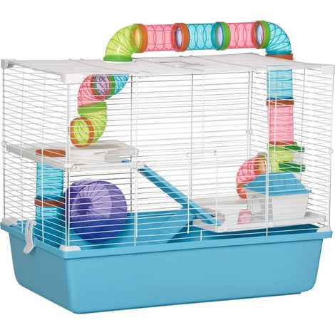 Cage à hamster rat rongeur 3 niveaux avec tunnel, biberon eau, roue, maisonnette, échelles dim. 59L x 36l x 47H cm (1/5)