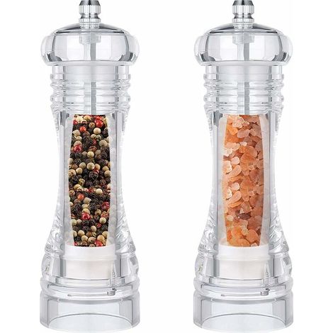 Moulin à poivre et à sel, lot de 2 moulins en céramique réglables. Moulins à sel et à poivre transparents en acrylique pour la cuisine, le restaurant et les pique-niques. (1/5)