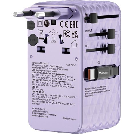 VERBATIM CHARGE N TRAVEL 70W 2C RETRACTABLE UNIVERSAL TRAVEL ADAPTER PURPLE