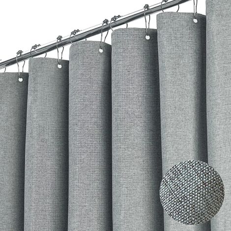 Elegant Linen Shower Curtain with Silver Metal Hooks, Waterproof Fabric Look, Large Bathtub Coverage, 300cm Wide x 200cm High.