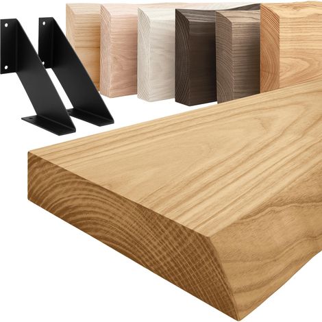 LAMO Manufaktur étagère murale en bois massif, irrégulier, étagère de rangement Vintage, bois rustique / équerre noire 50cm, LW-01-A-003-50VS