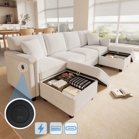 Canapé d'angle en U/L 6 places avec rangement,canapé modulable avec 2 poufs et ports USB/Type-C,canapé convertible en chenille,dossier haut,Beige (1/5)