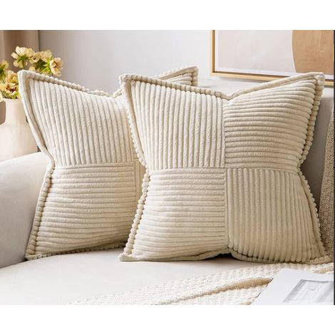 Housses de Coussin en Velours Côtelé, Lot de 2 Housses 45x45 cm, Décoration Patchwork Souple pour Canapé et Chambre (Beige)