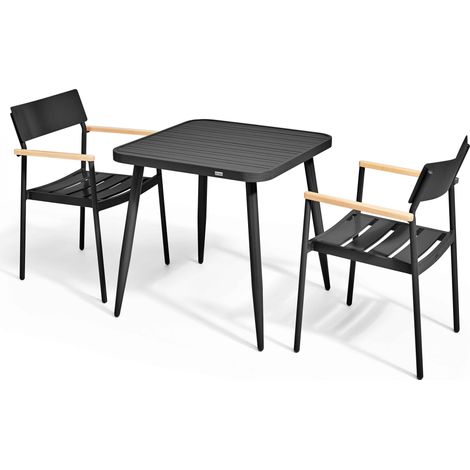 Ensemble table de jardin et 2 fauteuils en aluminium/bois noir