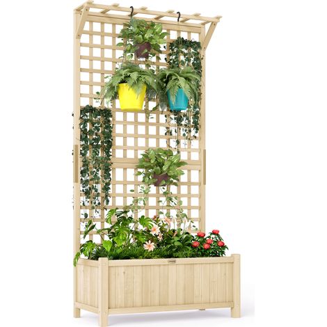 Wooden Raised Garden Bed with Drainage,Planter with Trellis for Growing Vegetables and Climbing Flowers