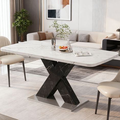 Table de salle à manger extensible 120-160x80x76.5 cm blanc et noir en MDF et acier avec plateau marbre imprimé (1/5)