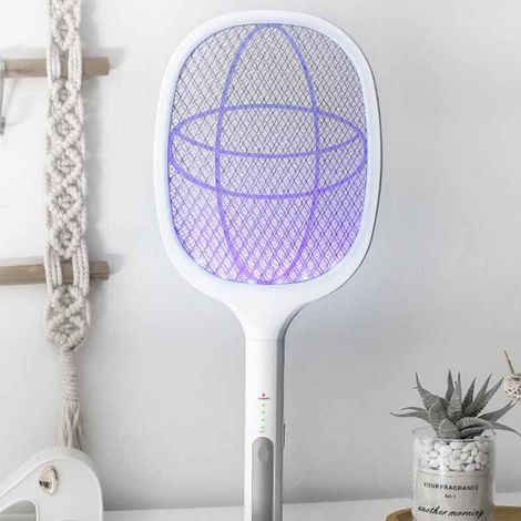 Raqueta eléctrica recargable para mosquitos Toivize de 5 V con LED, batería de litio de 1200 mAh y base de soporte, color blanco ABS.