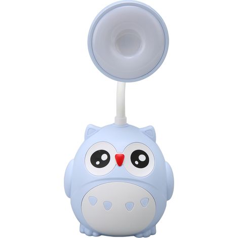 Lampe de bureau LED à 2 niveaux de protection oculaire avec porte-stylo, rechargeable par USB, design hibou de dessin animé, couleur bleu clair.