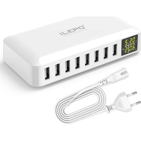 5V8A 8-Port USB-Ladegerät mit LCD-Display, USB-Multi-Socket-Smart-Ladestation, kompatibel mit iPhone XS XR SE, iPad, Samsung Galaxy, Redmi, Android-Telefonen usw.