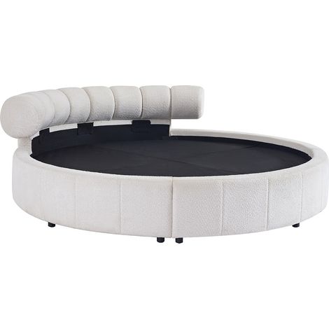 Vente-Unique – Lit rond 220 x 220 cm – Tissu bouclette blanc – MDF et contreplaqué – Sommier plein – Charge maximale 250 kg