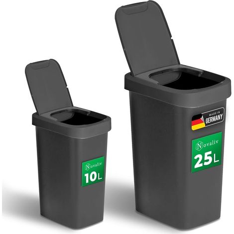 Ensemble de poubelles 10L + 25L, poubelle avec couvercle 2 en 1, couvercle à charnière et couvercle basculant, poubelle anti-odeur pour salle