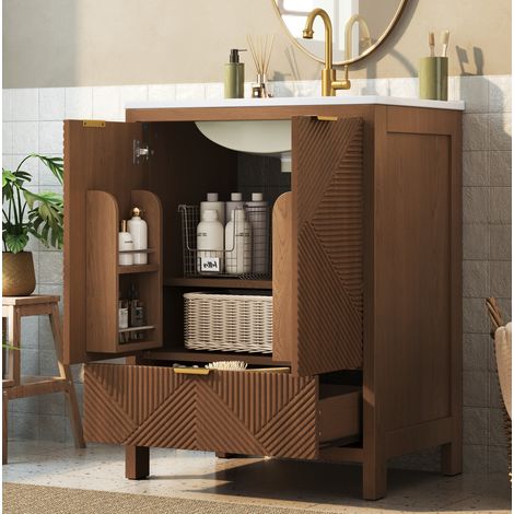 Mobile lavabo 61 cm MDF noce con lavabo in ceramica e contenitore senza rubinetto - CHICFURN (1/5)