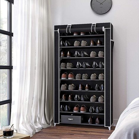 Étagère range chaussures modulable + housse noire ®,88 x 28 x 160cm,noir (1/5)