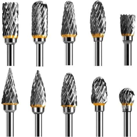 Choyclit – Jeu de 10 fraises rotatives en carbure de tungstène – Double tranchant – Tige 1/8'' – Pour sculpture bois, métal, céramique, gravure (1/2)
