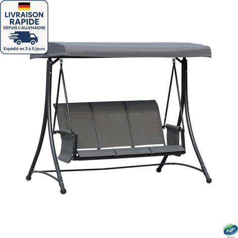 MODFU - Chaise de jardin 3 places gris avec auvent, meuble jardin, structure en métal, 196x128x172 cm (1/5)