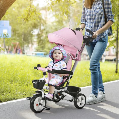 Tricycle 6-en-1 pour enfants avec barre de poussée - sangle - toit - panier de rangement - 18+ mois - rose - Robuste