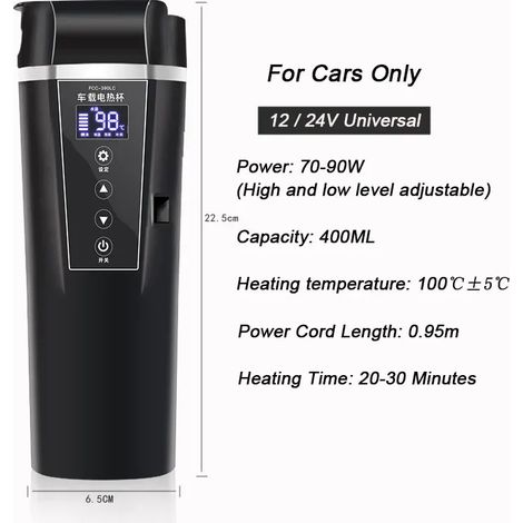 Bouilloire/bouteille isotherme électrique (12-24 V, noire) pour voiture et maison, idéale pour le thé et le lait. (1/5)