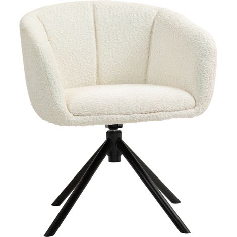 Sillón giratorio con reposabrazos, tapizado efecto lino y patas metálicas, crema blanco (1/5)