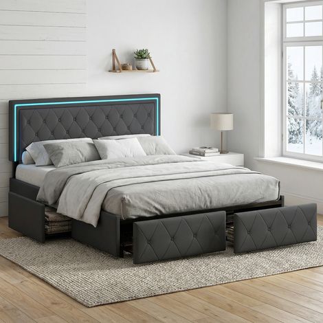 Letto matrimoniale 160x200 con 4 cassetti e striscia LED, letto per adulti, struttura letto con testiera imbottita regolabile, rete a doghe inclusa, stile moderno scandinavo, Grigio