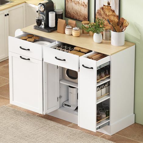 Credenza da cucina 133,5x40x86 cm con vano pattumiera, ripiani a giorno, in MDF bianco e legno chiaro