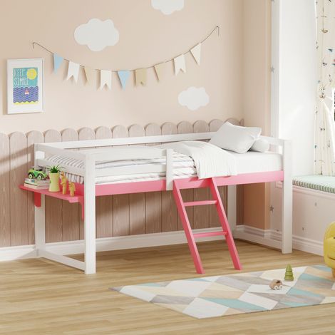Cama alta infantil de 90 x 200 cm en pino macizo, con protección anticaídas, escalera fija y mesa de almacenamiento, somier de láminas incluido, color blanco y rosa, DE602090PW (1/5)