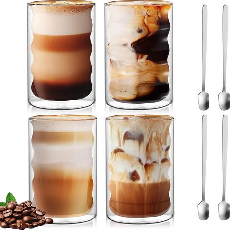 Lot de 4 verres à latte macchiato à double paroi - 400 ml - Avec 4 cuillères - Verres à cappuccino - Tasses à expresso - En forme de spirale - Pour latte, thé, américain glacé (1/5)