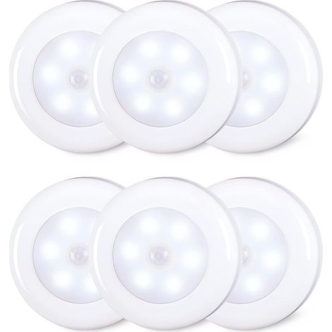 Lot de 6 lampes LED d'intérieur à détecteur de mouvement de 8 cm, alimentées par piles AAA, à coller pour escaliers, sous les armoires, placards, blanc froid