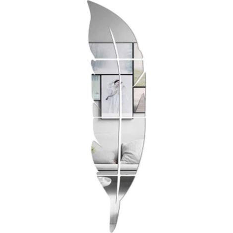 Set de 6 autocollants miroirs Stickers muraux en Acryl , 73 x 18 cm, en forme de plume, argentés, Miroirs adhésifs Décoration de salon (1/3)
