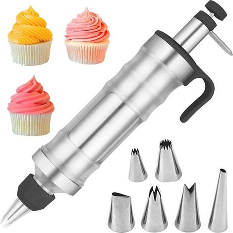 Siringa professionale per decorazione in acciaio inox con 6 beccucci e sac à poche riutilizzabile. (1/3)