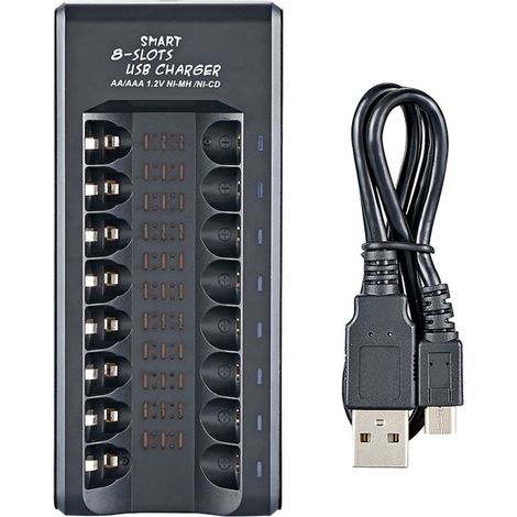Intelligentes 8-Steckplatz-Ladegerät, geeignet für 1,2V NiMH AA/AAA-Akkus, Plug-and-Play-USB-Ladestation.