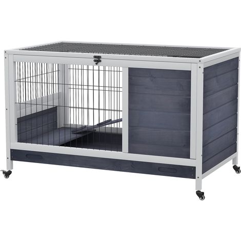Cage lapin intérieur bois avec toit ouvrant roulettes plateau amovible rampe, 90 x 53 x 59 cm, gris foncé et blanc