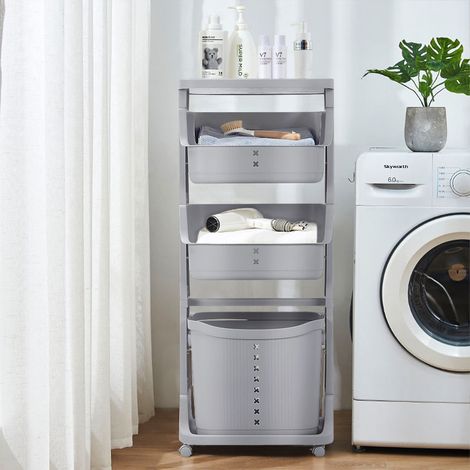 Grey 4 Tier Storage Rack Laundry Basket with Wheels (1/5)