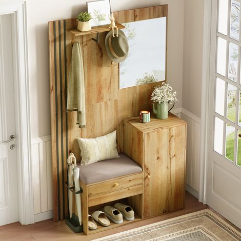 Mobile ingresso portascarpe con specchio, seduta imbottita, MDF naturale e nero HAVRYA (1/5)