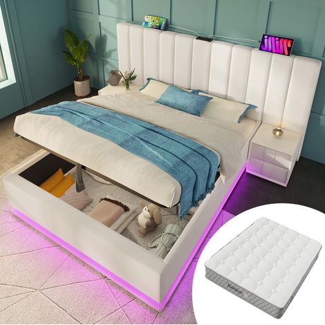 letto contenitore 180x200 con materasso LED USB bianco OKMYHOME (1/5)